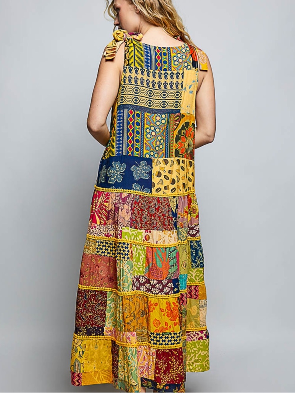 💕POL Bohemian Patchwork Maxi Dress in Mustard Yellow - Picture 4 of 7